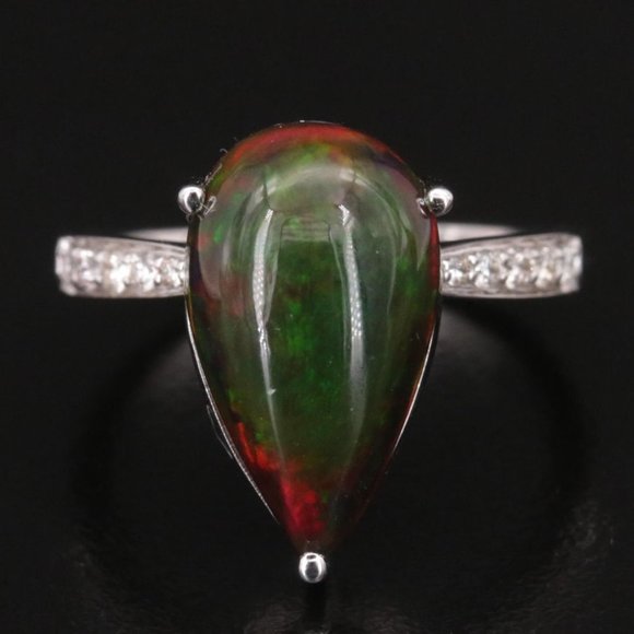 14K White Gold Black Opal and Diamond Ring